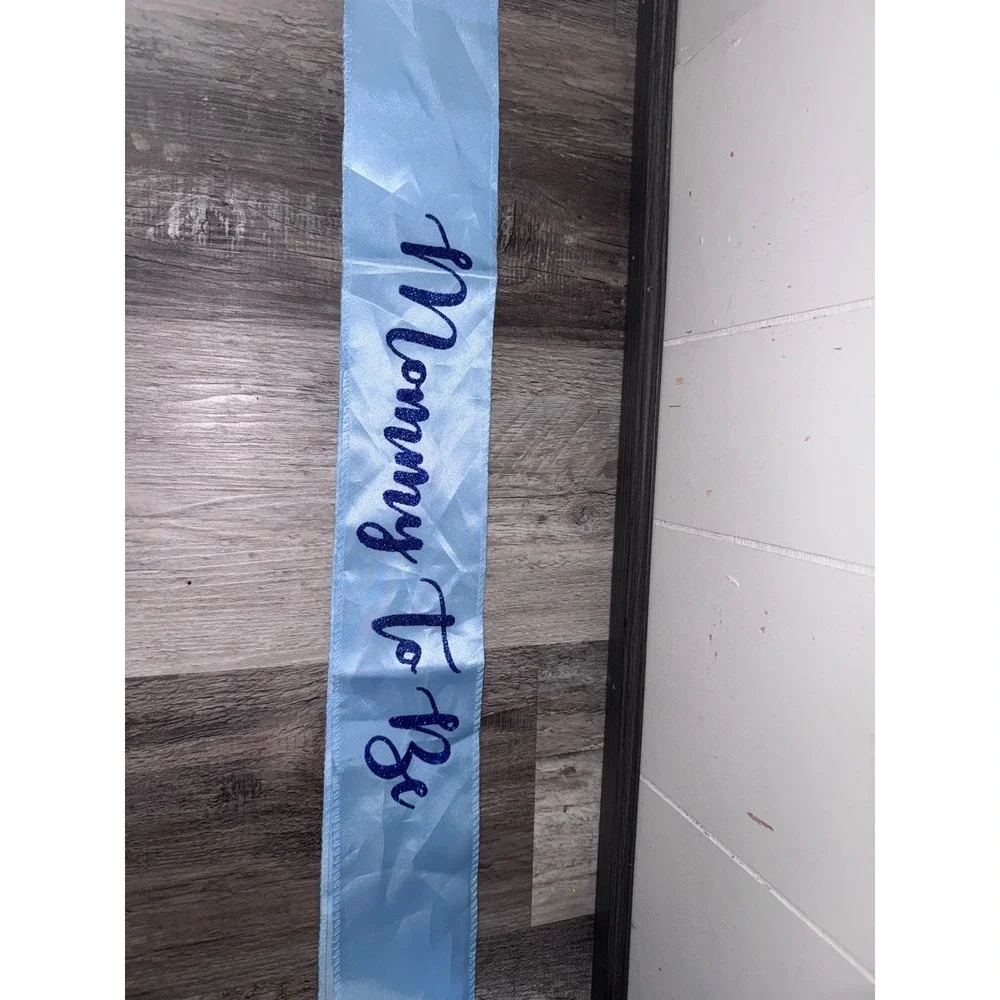 Mommy To Be Baby Shower Sash Light Blue Satin Glitter Script Gender Reveal